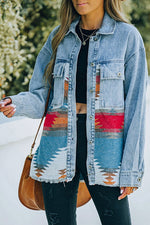 Retro Azteken-Jeans-Patchwork-Jacke mit Reverstasche