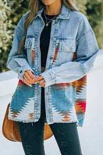 Retro Azteken-Jeans-Patchwork-Jacke mit Reverstasche