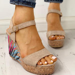 Ankle-strap Leaf Print Wedges Sandals - Pavacat