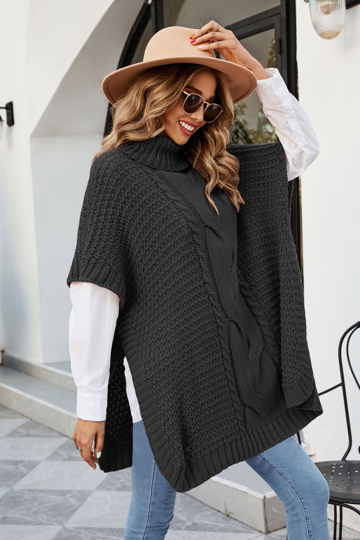 Pull en tricot châle torsadé à col roulé
