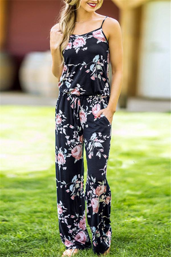 Casual Lace Up Floral Print Jumpsuit Jumpsuits & Rompers Pavacat S Black 