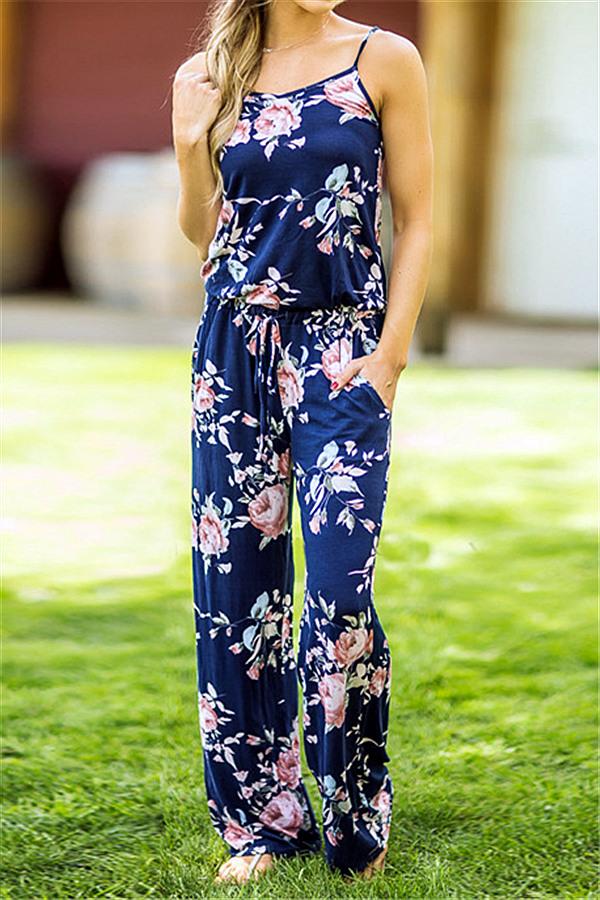 Casual Lace Up Floral Print Jumpsuit Jumpsuits & Rompers Pavacat S Navy 