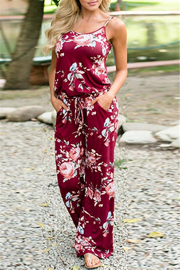 Casual Lace Up Floral Print Jumpsuit Jumpsuits & Rompers Pavacat S Red 