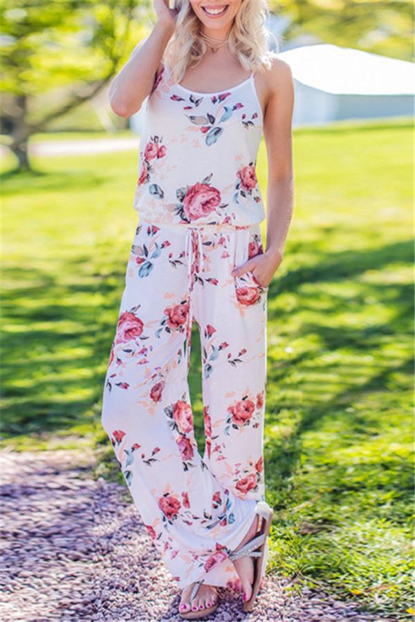 Casual Lace Up Floral Print Jumpsuit Jumpsuits & Rompers Pavacat S White 