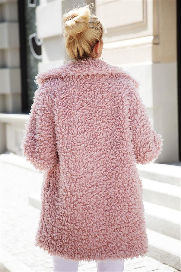 Casual Pink Faux Fur Long Coat Coat Simplee 