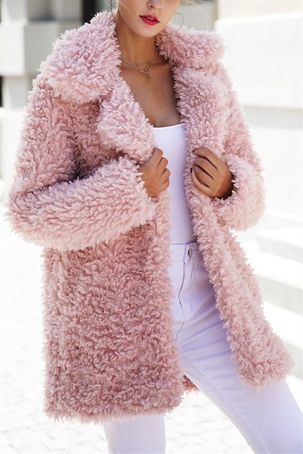 Casual Pink Faux Fur Long Coat Coat Simplee S Pink 