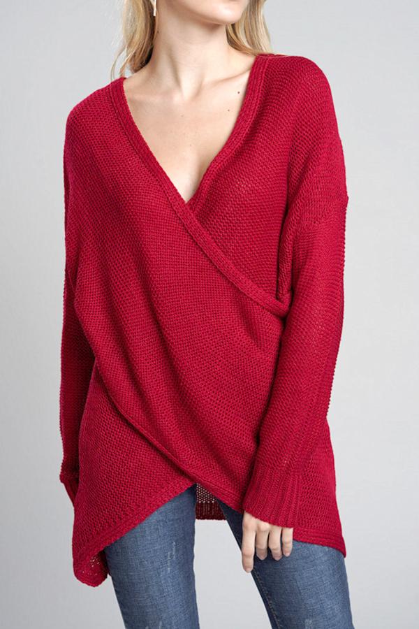 Casual V Neck Front Cross Weekend Sweater Pullover VICI S Red 