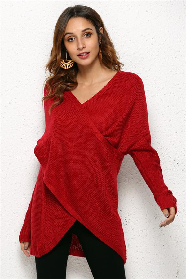 Casual V Neck Front Cross Weekend Sweater - Red Pullover VICI 