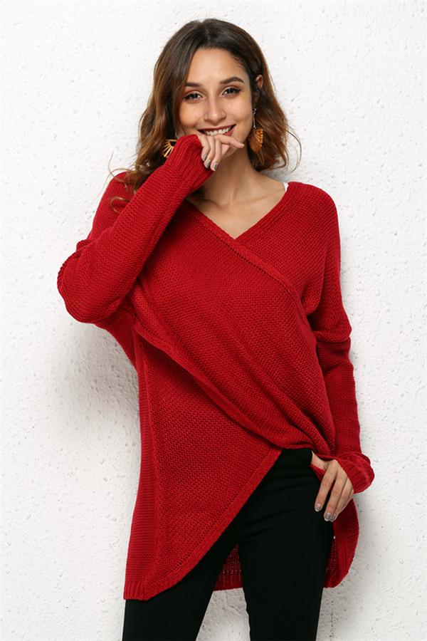 Casual V Neck Front Cross Weekend Sweater - Red Pullover VICI 