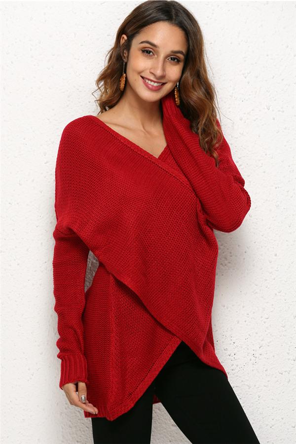 Casual V Neck Front Cross Weekend Sweater - Red Pullover VICI 