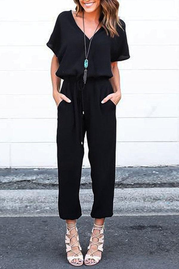 Chiffon Short Sleeve Jumpsuit Jumpsuits & Rompers Pavacat S Black 