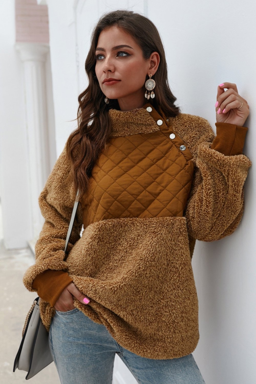 Color Block High Neck Buttons Sweatshirt - Pavacat