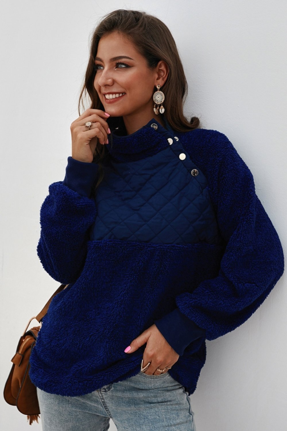 Color Block High Neck Buttons Sweatshirt - Pavacat