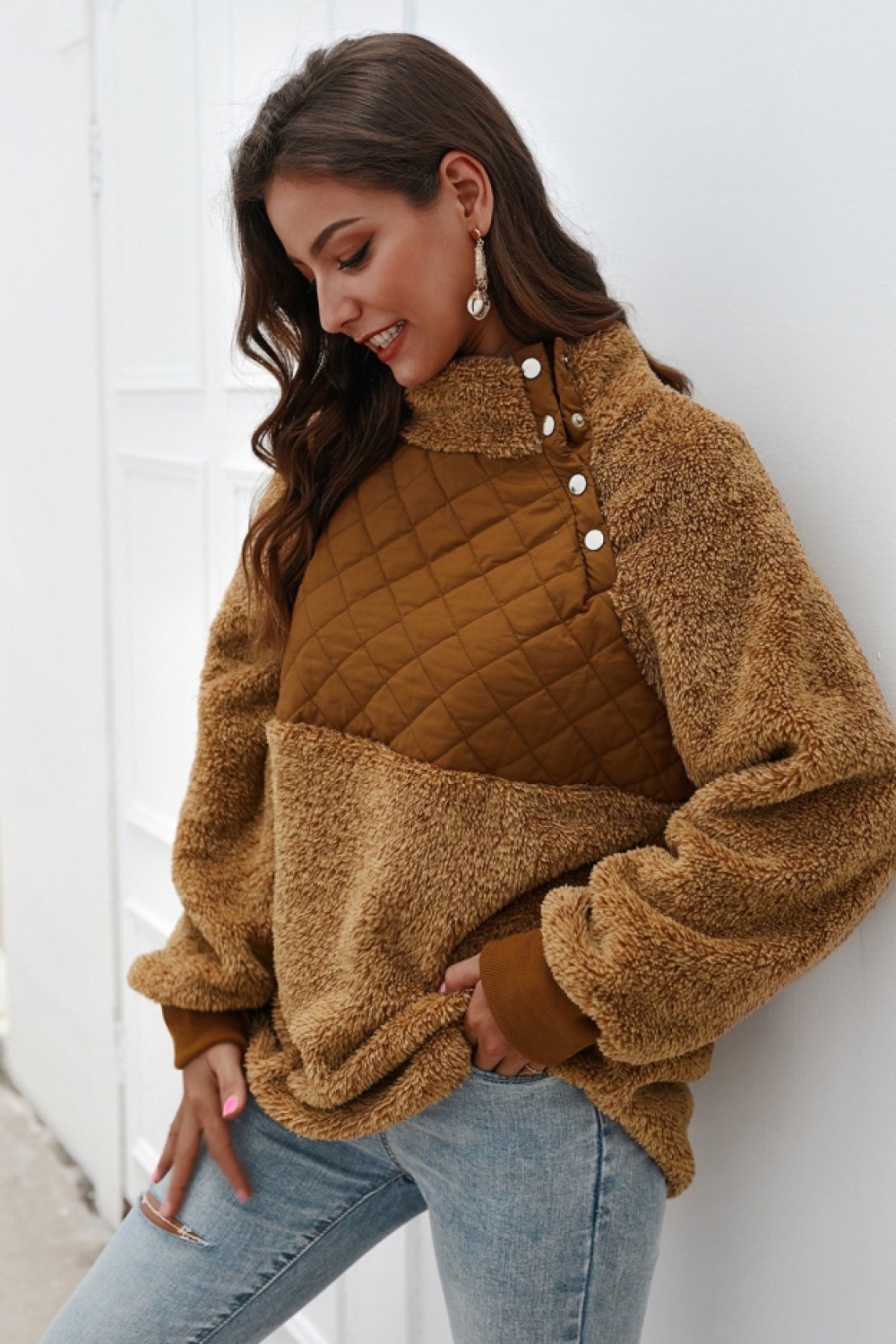 Color Block High Neck Buttons Sweatshirt - Pavacat