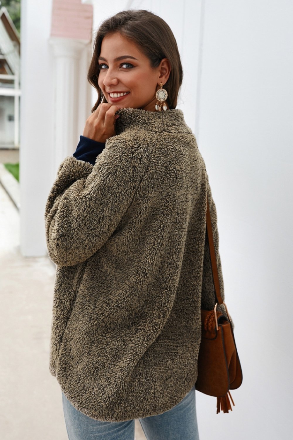 Color Block High Neck Buttons Sweatshirt - Pavacat