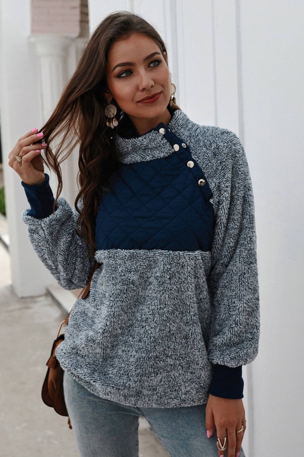 Color Block High Neck Buttons Sweatshirt - Pavacat