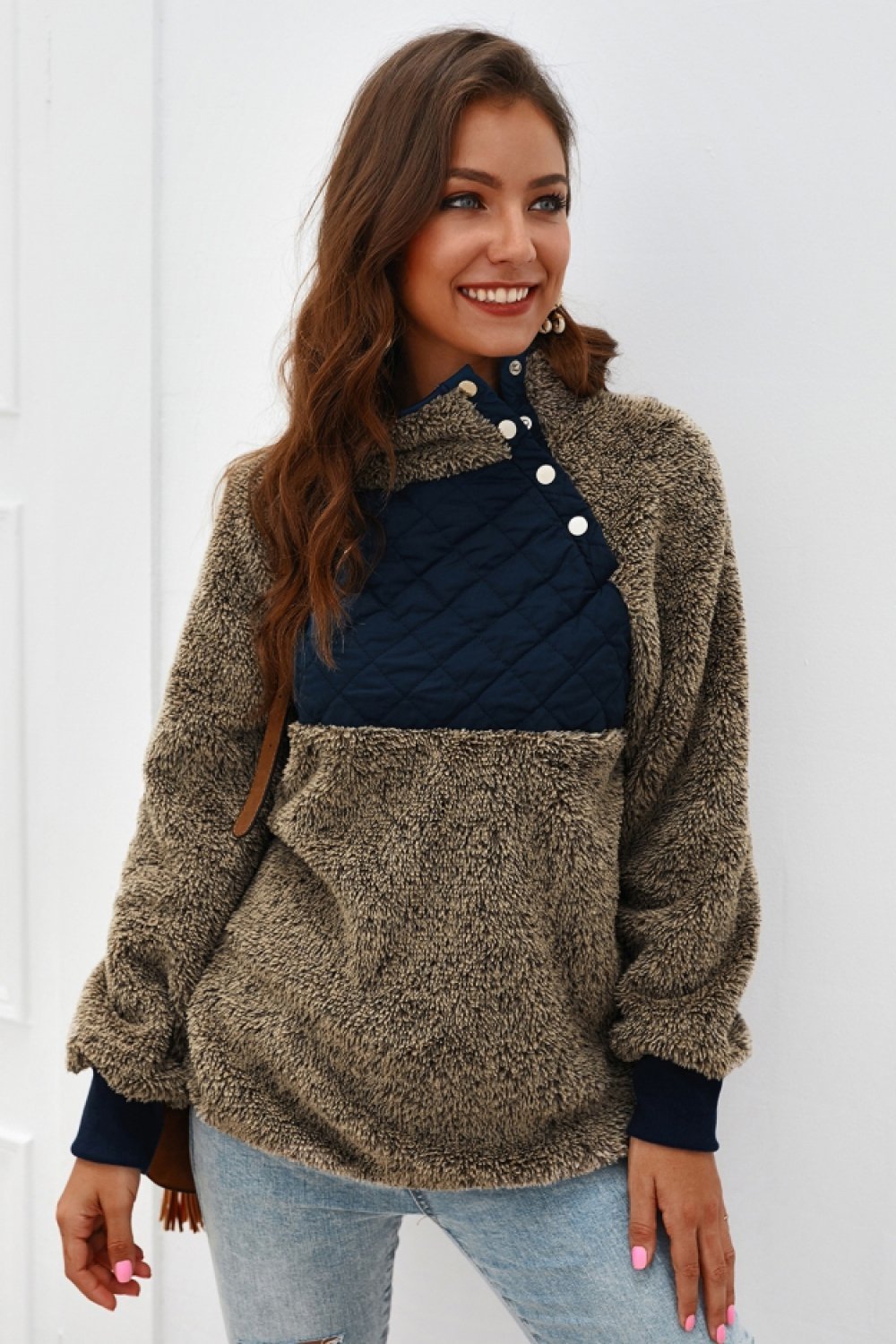 Color Block High Neck Buttons Sweatshirt - Pavacat