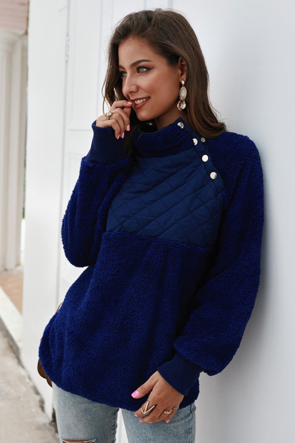 Color Block High Neck Buttons Sweatshirt - Pavacat