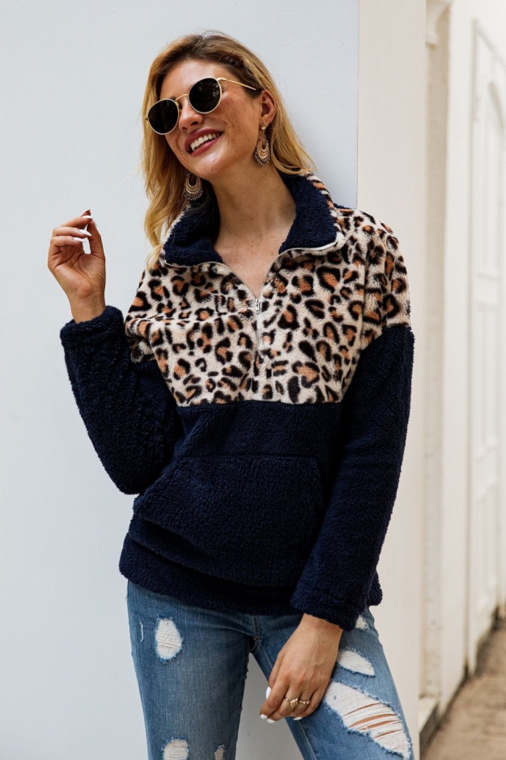 Color Block Zip Fluffy Sweatshirt - Pavacat