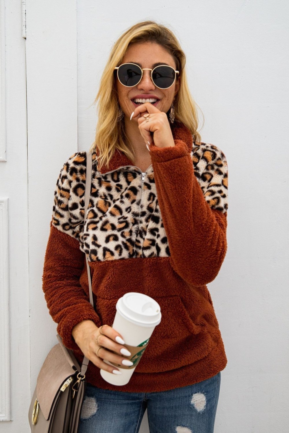 Color Block Zip Fluffy Sweatshirt - Pavacat