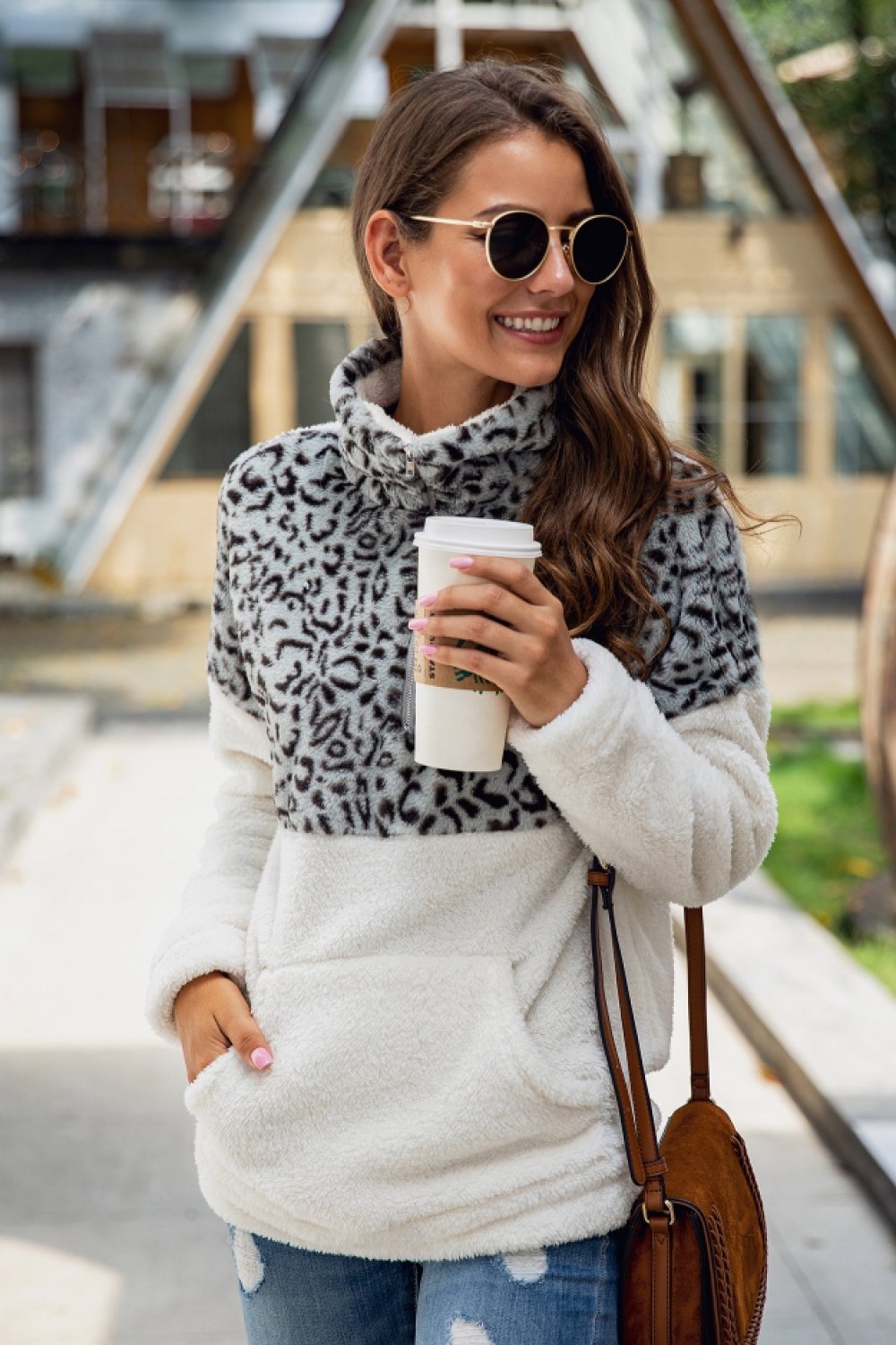 Color Block Zip Fluffy Sweatshirt - Pavacat