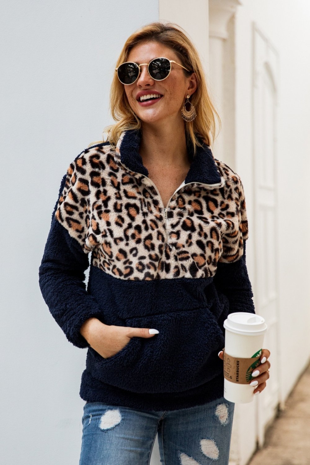 Color Block Zip Fluffy Sweatshirt - Pavacat