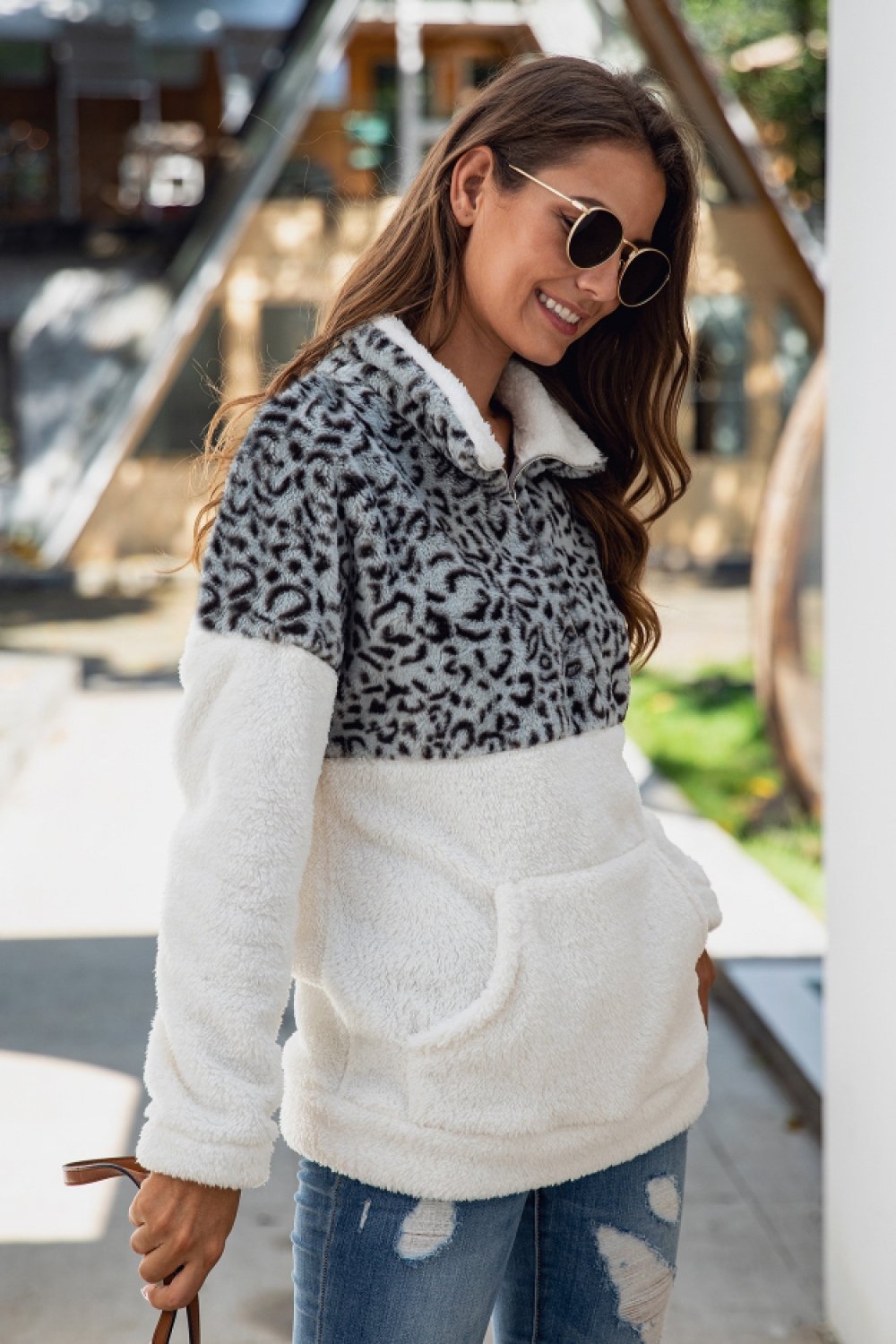 Color Block Zip Fluffy Sweatshirt - Pavacat