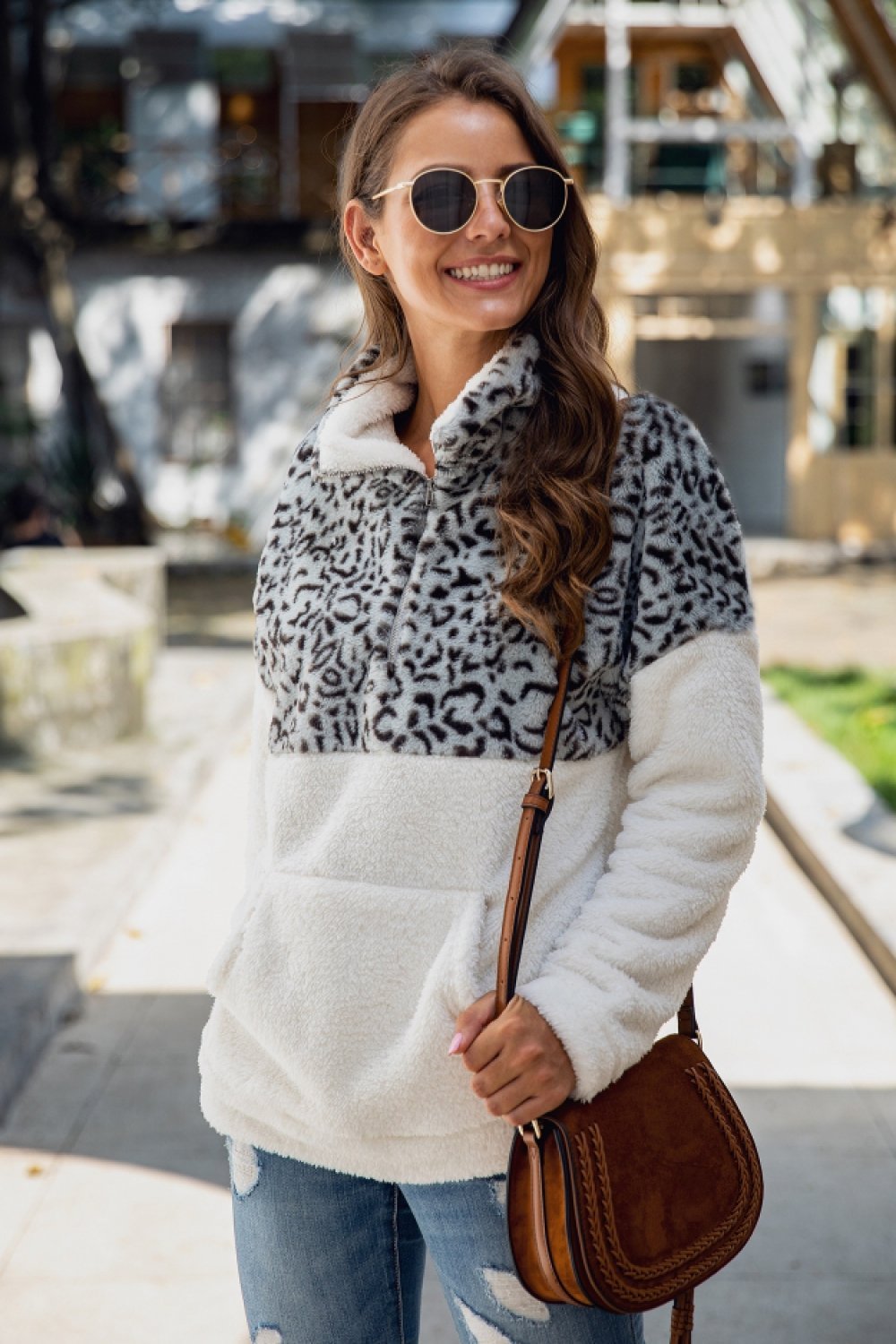 Color Block Zip Fluffy Sweatshirt - Pavacat