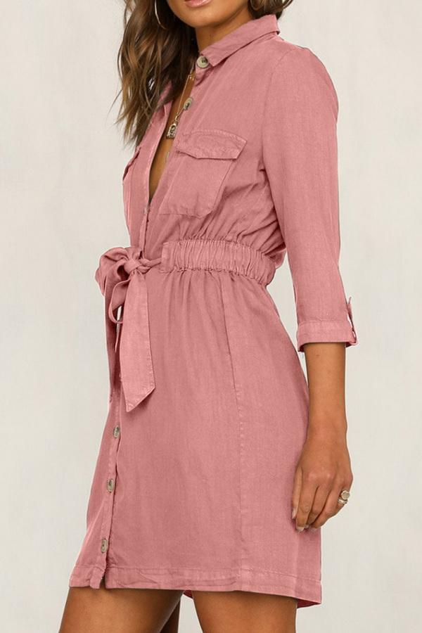 Cropped Sleeve Single-breasted Pocket Dress - Pavacat