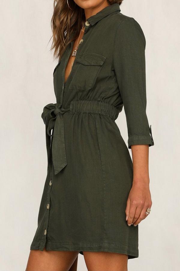 Cropped Sleeve Single-breasted Pocket Dress - Pavacat
