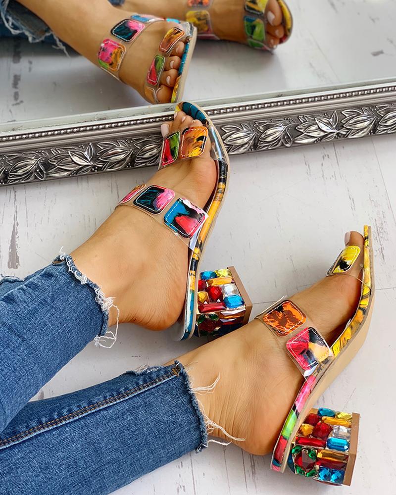 Crystal Square Heels Leisure Slippers - Pavacat