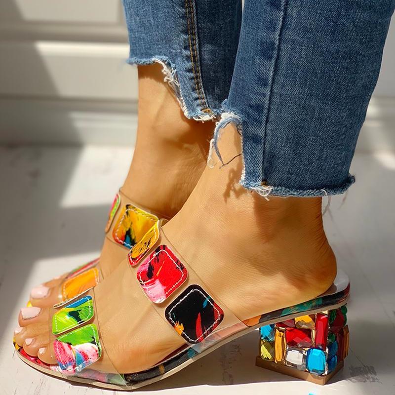 Crystal Square Heels Leisure Slippers - Pavacat