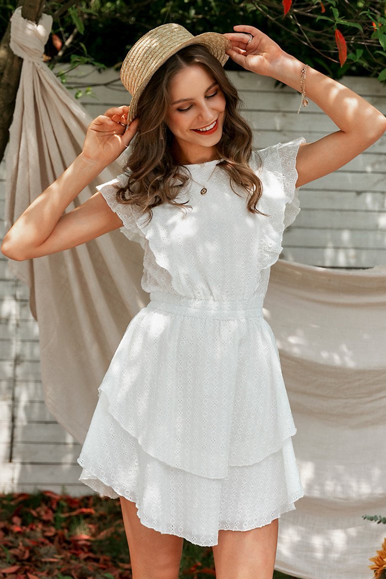 Elegant Crew Neck Ruffle Lace Dress - Pavacat