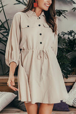 Elegant Linen Lantern Sleeve Shirt Dress - Pavacat