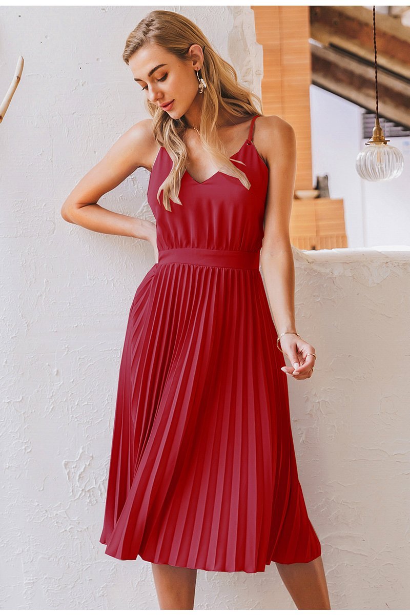 Elegant Leopard Spaghetti Strap Pleated Dress - Pavacat