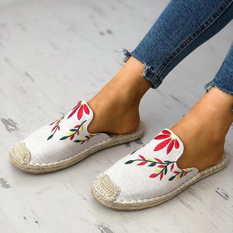 Embroidered Espadrille Flat Slippers Shoes Canvas Low Heel Daily Slip On Sandals Pavacat 
