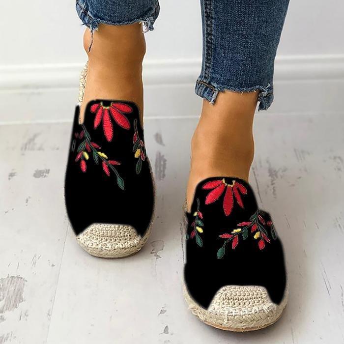 Embroidered Espadrille Flat Slippers Shoes Canvas Low Heel Daily Slip On Sandals Pavacat US5.5(LABEL SIZE 35) Black 