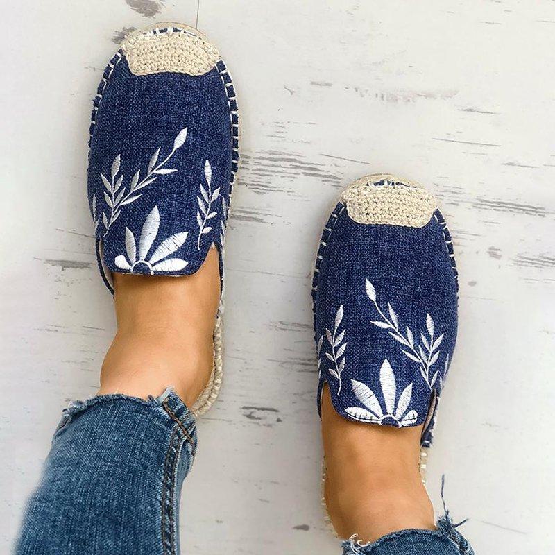 Embroidered Espadrille Flat Slippers Shoes Canvas Low Heel Daily Slip On Sandals Pavacat US5.5(LABEL SIZE 35) Blue 