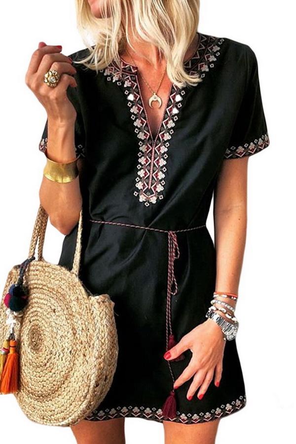 Polka Dot Printed Chiffon Dress with High Waist Dress 5201906151552 L black 