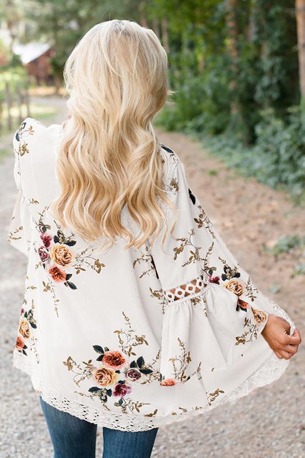 Flare Sleeve Floral Print Lace Blouse Blouses & Shirts 5201805021530 