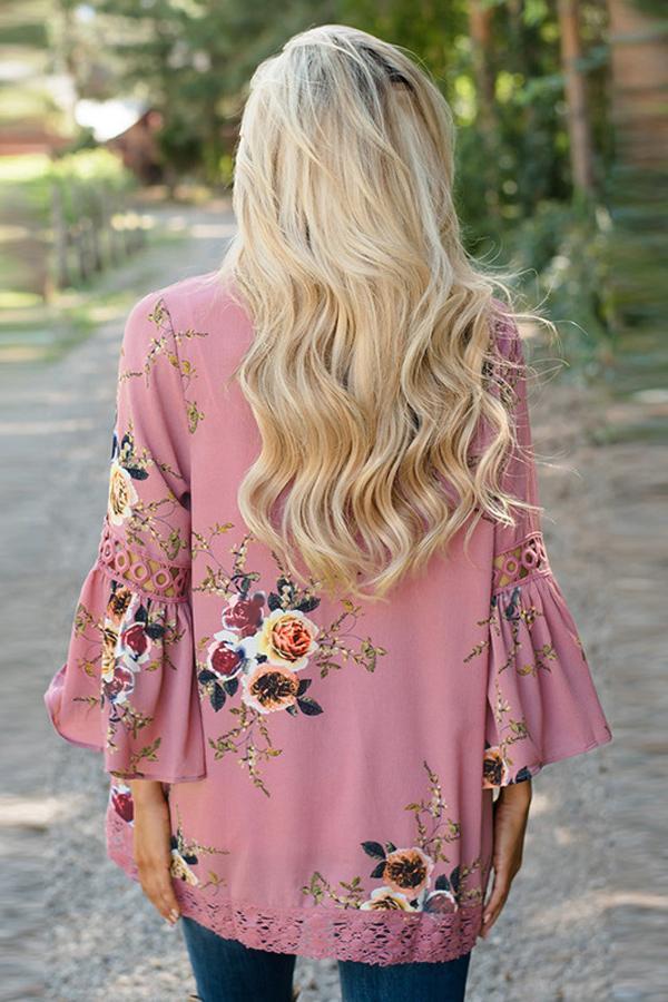 Flare Sleeve Floral Print Lace Blouse Blouses & Shirts 5201805021530 
