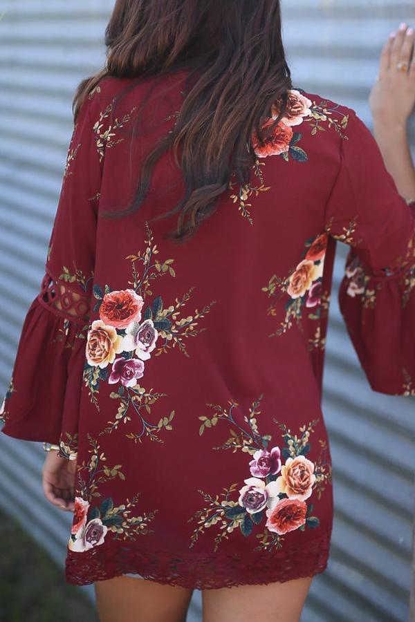Flare Sleeve Floral Print Lace Blouse Blouses & Shirts 5201805021530 