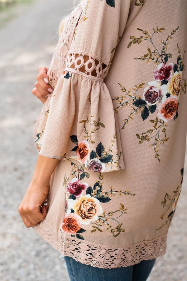 Flare Sleeve Floral Print Lace Blouse Blouses & Shirts 5201805021530 