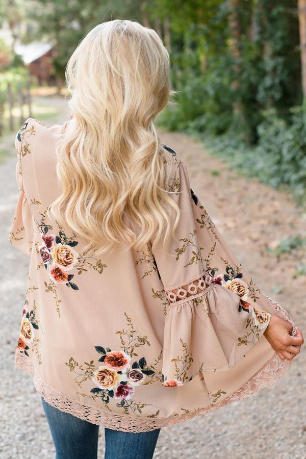 Flare Sleeve Floral Print Lace Blouse Blouses & Shirts 5201805021530 