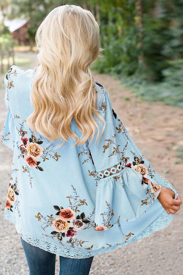 Flare Sleeve Floral Print Lace Blouse Blouses & Shirts 5201805021530 