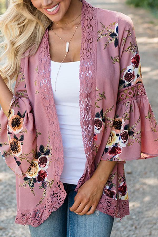 Flare Sleeve Floral Print Lace Blouse Blouses & Shirts 5201805021530 