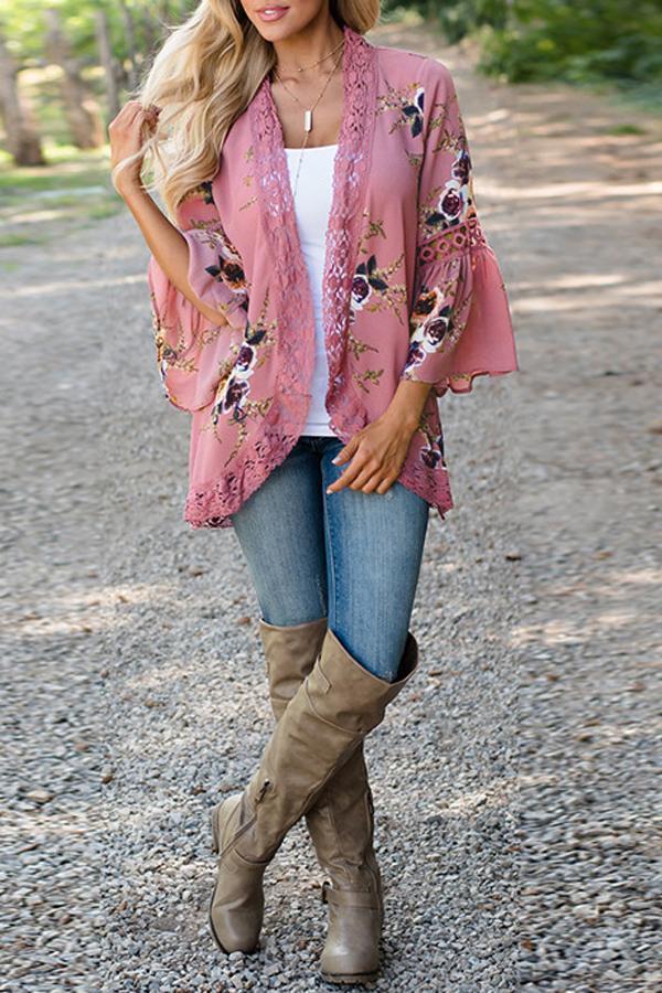 Flare Sleeve Floral Print Lace Blouse Blouses & Shirts 5201805021530 