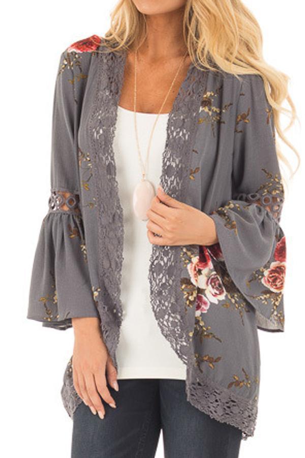 Flare Sleeve Floral Print Lace Blouse Blouses & Shirts 5201805021530 