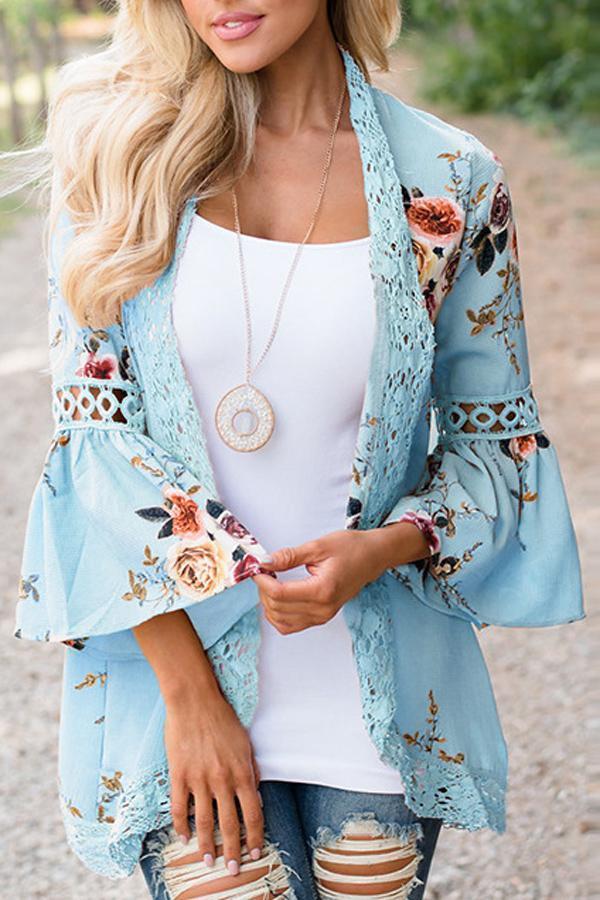 Flare Sleeve Floral Print Lace Blouse Blouses & Shirts 5201805021530 S blue 