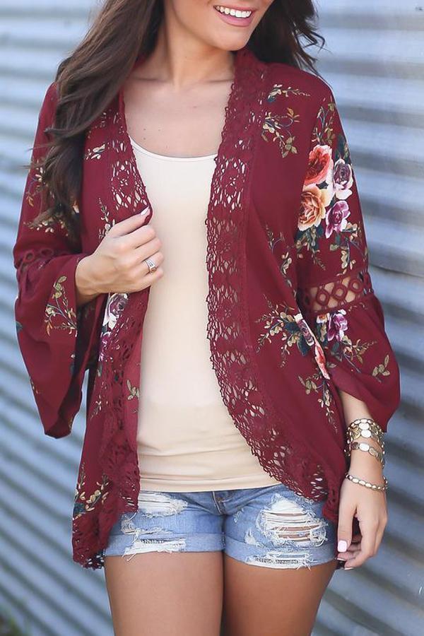 Flare Sleeve Floral Print Lace Blouse Blouses & Shirts 5201805021530 S darkred 
